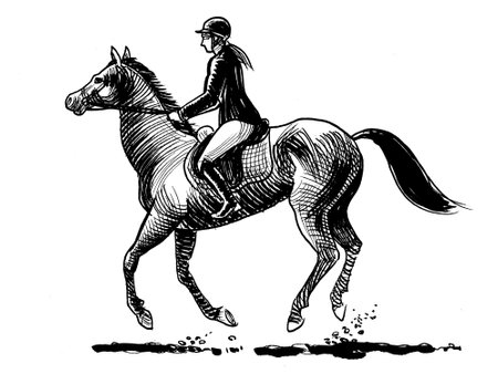Jockey riding a horse. Hand drawn black and white ink on paper drawingの写真素材