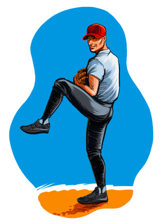 Baseball player throwing a ball. Hand drawn ink on paper and hand colored on tabletの写真素材