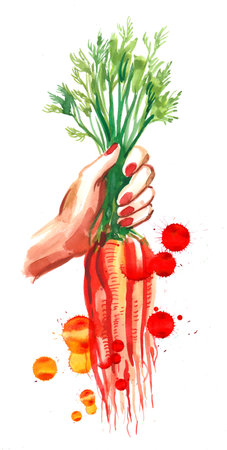 Hand holding a bunch of carrots. Hand-drawn ink and watercolor on paperの写真素材