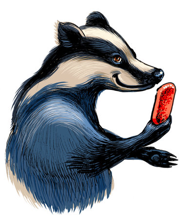 Badger eating an ice cream. Hand-drawn ink on paper and hand colored on tabletの写真素材