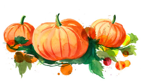 Three pumpkins. Hand-drawn ink and watercolor on paperの写真素材