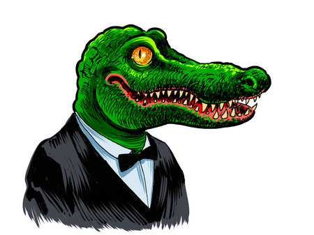 Hand drawn retro styled illustration of a crocodile in a suit on a white backgroundの写真素材