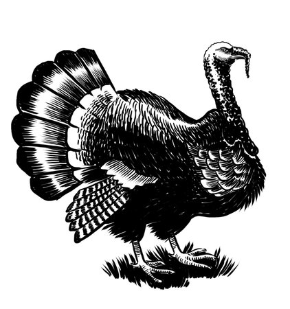 Turkey in black and white engraving style. Hand drawn retro styled black and white drawingの写真素材