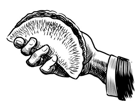 An image of a hand holding a piece of bread, vintage line drawing or engraving illustration.の写真素材