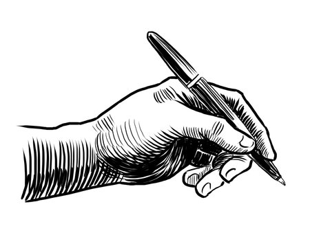 Hand with pen, sketch style vector illustration isolated on white background.の写真素材