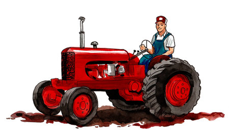 Illustration of a farmer and a tractor on a white background.の写真素材