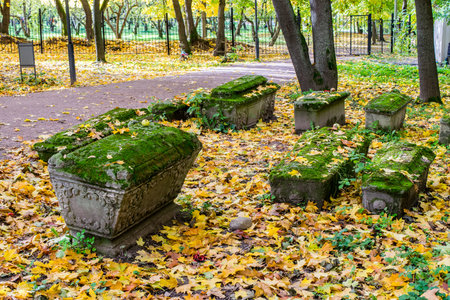 Old graves in the church yard of Church of the Beheading of John the Baptist in Dyakovo, Kolomenskoye, Moscowの写真素材