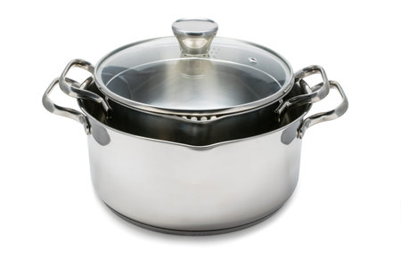 Stack of new empty stainless steel sauce pans with lid isolated on white background