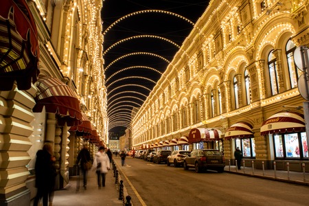MOSCOW, RUSSIA - DECEMBER 16, 2018:  View of the Christmas and New Year decoration of GUM department store. Long exposure.のeditorial素材