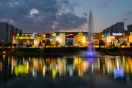 MOSCOW, RUSSIA - AUGUST 31, 2019: Shopping centers and recreation zone in Brateevo district in...