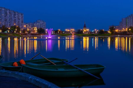 Boat station at Brateevo pond in twilight, Moscow, Russia. Blue hour.の写真素材