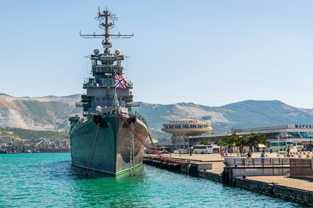 NOVOROSSIYSK, RUSSIA - JULY 6, 2019: The ship-museum cruiser "Mikhail Kutuzov" moored at the pier of the port of Novorossiyskのeditorial素材