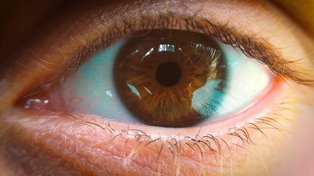 Close up photo. The brown eye of a girl near. Reflections are visible in Him. Eyelashes are...