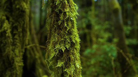 trunk tree covered with moss, wet tree covered with moss near.の写真素材