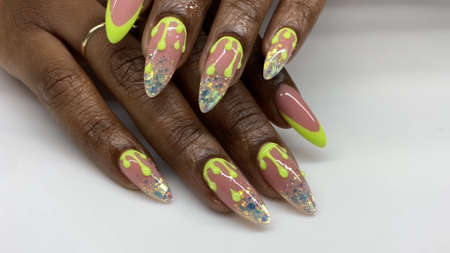 French manicure on the hands of womanwoman fingers manicure, nails near. aged woman. master at work.の写真素材