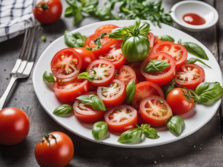 Tomato salad with basil and spices on a wooden background. selective focus.の写真素材