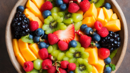 A colorful fruit salad arranged in a decorative bowlの写真素材