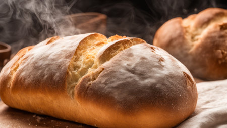 Freshly baked bread with a golden crust and steam rising_の写真素材