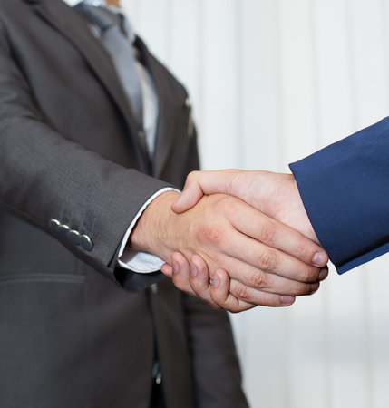 Business partners handshake. Hands shaking each other. People dressed in business dress code. Office...