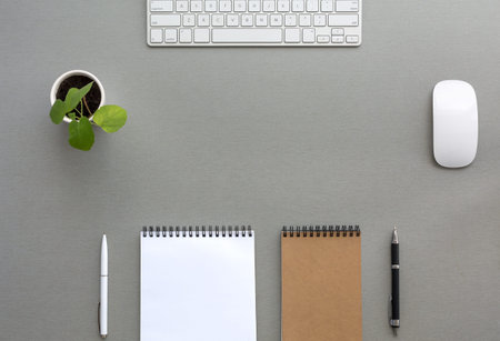Classic Tone Wood Background Opened and Folded Beige Notepads Small Green Plant  Computer Mouse and...