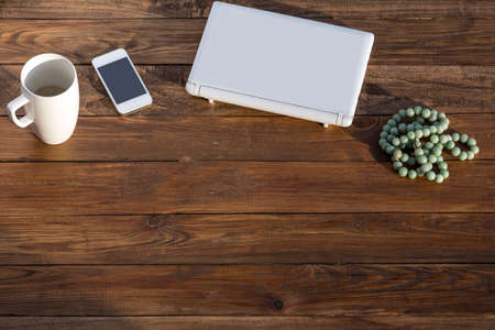 Rough Planked Wood Pattern with Modern Gadgets Located on Itの写真素材