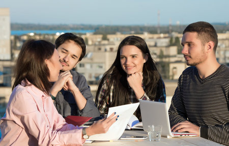 Young Smart Casual Clothing People Business Meeting with Urban Landscape Background