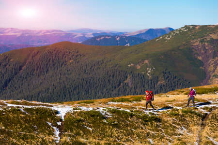 Two Hikers walking along Mountain Crest Bright Colors sporty Clothing Backpacks and trekking Poles Hills covered by green Forest shining Sun on Backgroundの写真素材