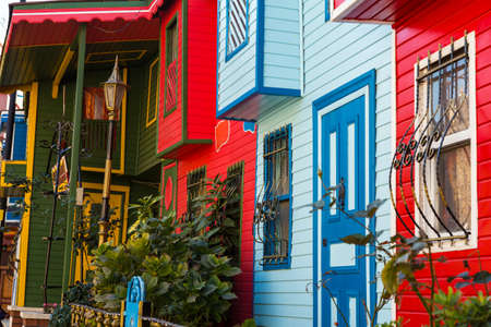 Row of colorful decorated houses along Street in Istanbul Old townの写真素材