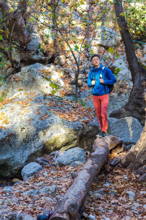 Young Man with Backpack and sportive Clothing walking on fallen Tree Stalk in wild Autumnal Forest looking up and enjoying warm Sunlightの写真素材