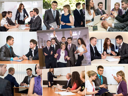 Photo Collage telling Story of Business Team Success Nine Images with typical working Situationsの写真素材