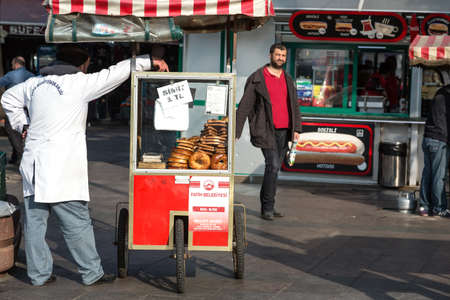 Traditional turkish Bakery Street mobile Vendor and Salesman waiting for Customers. Istanbul, Turkey, November 19, 2015のeditorial素材