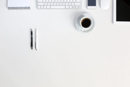 Responsive Design Mockup High Technology Composition Top View Gadgets Keyboard Notepad Pen Coffee...