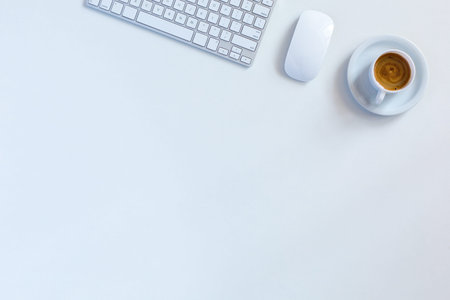 Morning Business Background with cropped Computer Keyboard and Mouse Coffee Mug with pleasant...
