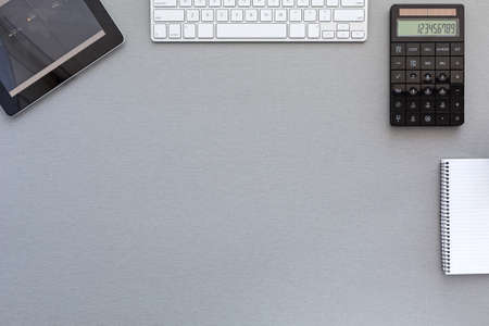 Classic working Place on grey wooden deskの写真素材