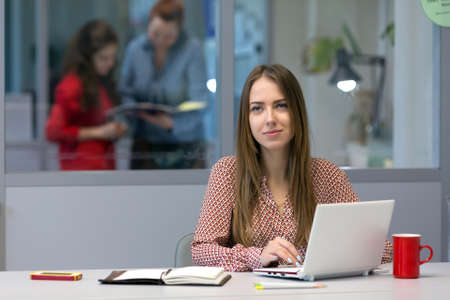 Female Entrepreneur sitting at Office Table with Computerの写真素材