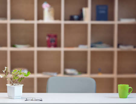Cozy working Place on Wood Wall backgroundの写真素材