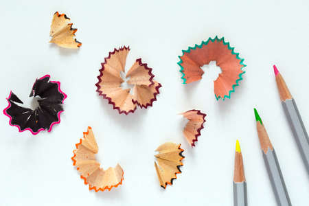Creativity Concept Image of color Pencils and Wood Chipsの写真素材