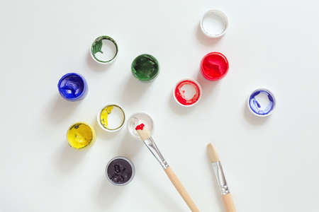 Art and Creation Concept Set of color Paints and wooden Brushの写真素材