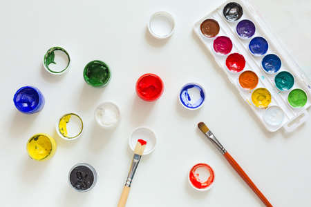 Art and Creation Concept Set of color Paints and wooden Brushの写真素材