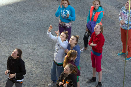 Group of Climbers planning approach to climbing Wallのeditorial素材
