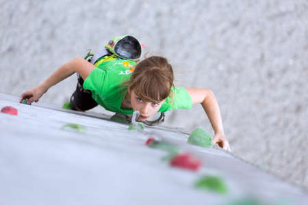 Child on climbing Wall looking upのeditorial素材