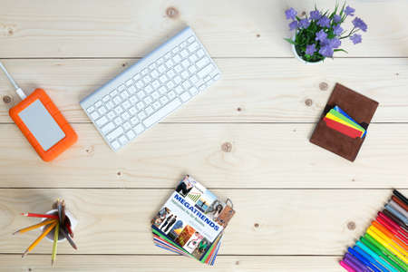 Creative Work Place on Natural wooden Desk with Idea Cardsの写真素材