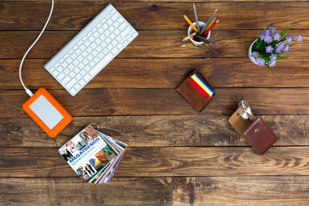 Creative Work Place on Natural wooden Desk with Idea Cardsの写真素材