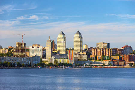 Sunset View city Skyline of small scale east European Townの写真素材