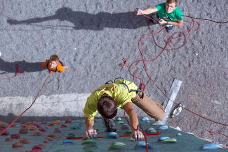 Father and son perform speed climbing relay raceのeditorial素材