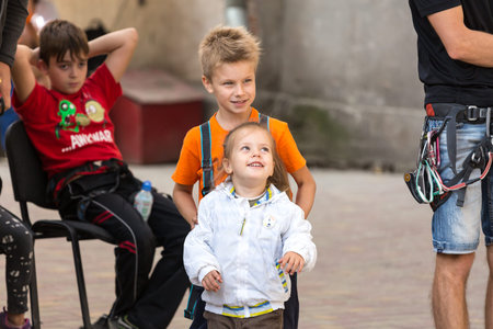 Little children sister and brother playing togetherのeditorial素材