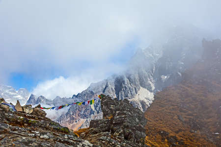 View of Mountain Pass in Nepal Himalaya foggy Weatherの写真素材