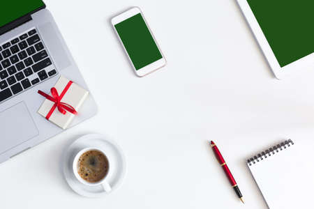 Internet Christmas Gift Shopping with Gadgets on whiteの写真素材