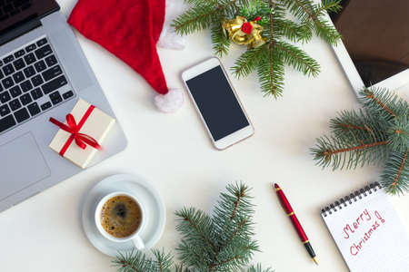 White Business Table top View Christmas Items and electronic Gadgetsの写真素材