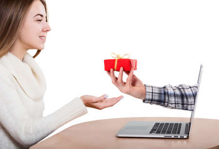 Internet Christmas Gift Shopping Woman gets Purchaseの写真素材